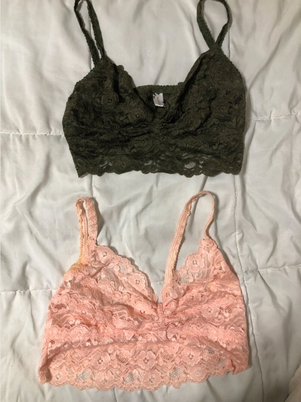 Small Lace Bralettes in Green and Pink